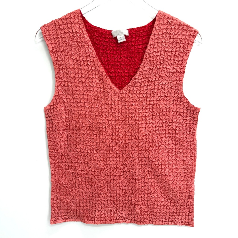 Vintage Y2K Popcorn Texture V-Neck Tank Top Size L Pink Crinkle Stretch Shirt